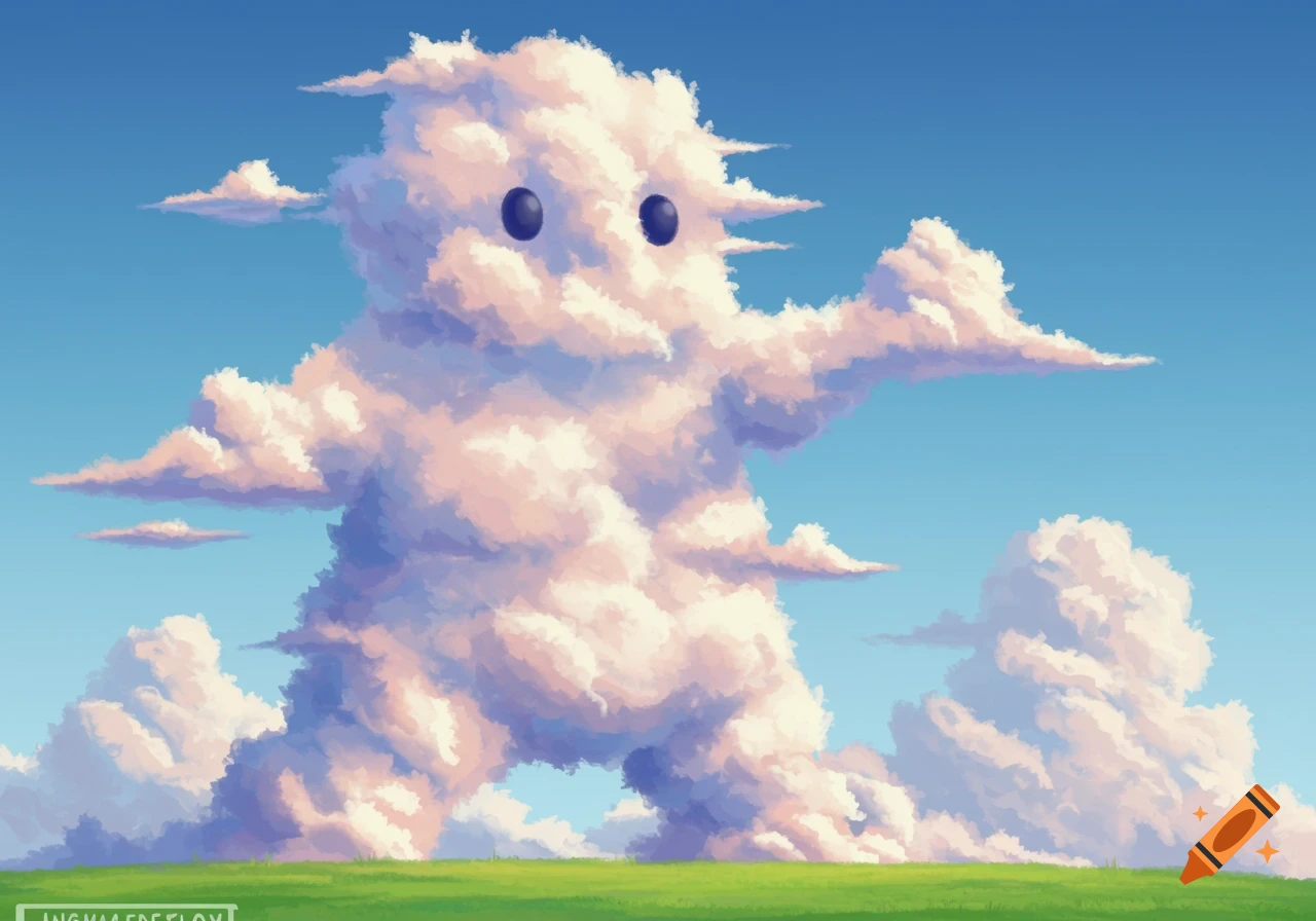 Illustration of a large cloud formation shaped like a cartoon character with eyes standing on a grassy field under a blue sky.