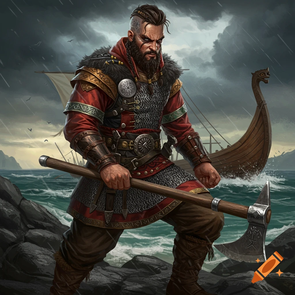 Illustration of a muscular Viking warrior with a beard, standing on rocks by the sea holding an axe under a stormy sky. A longship is behind him.