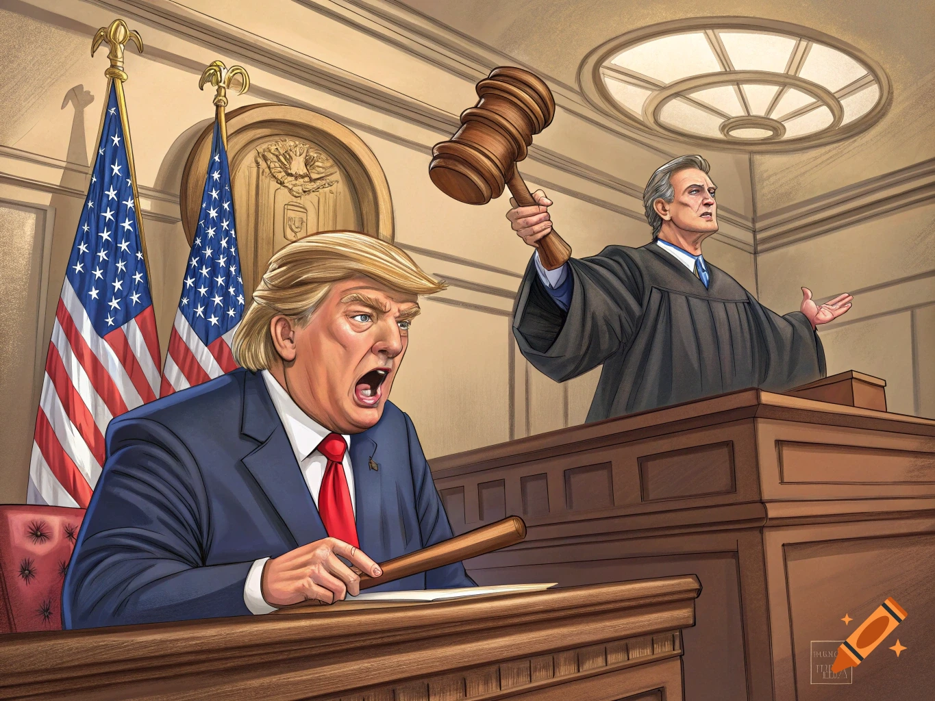 Caricature of Donald Trump reacting in a courtroom as a judge raises a gavel.