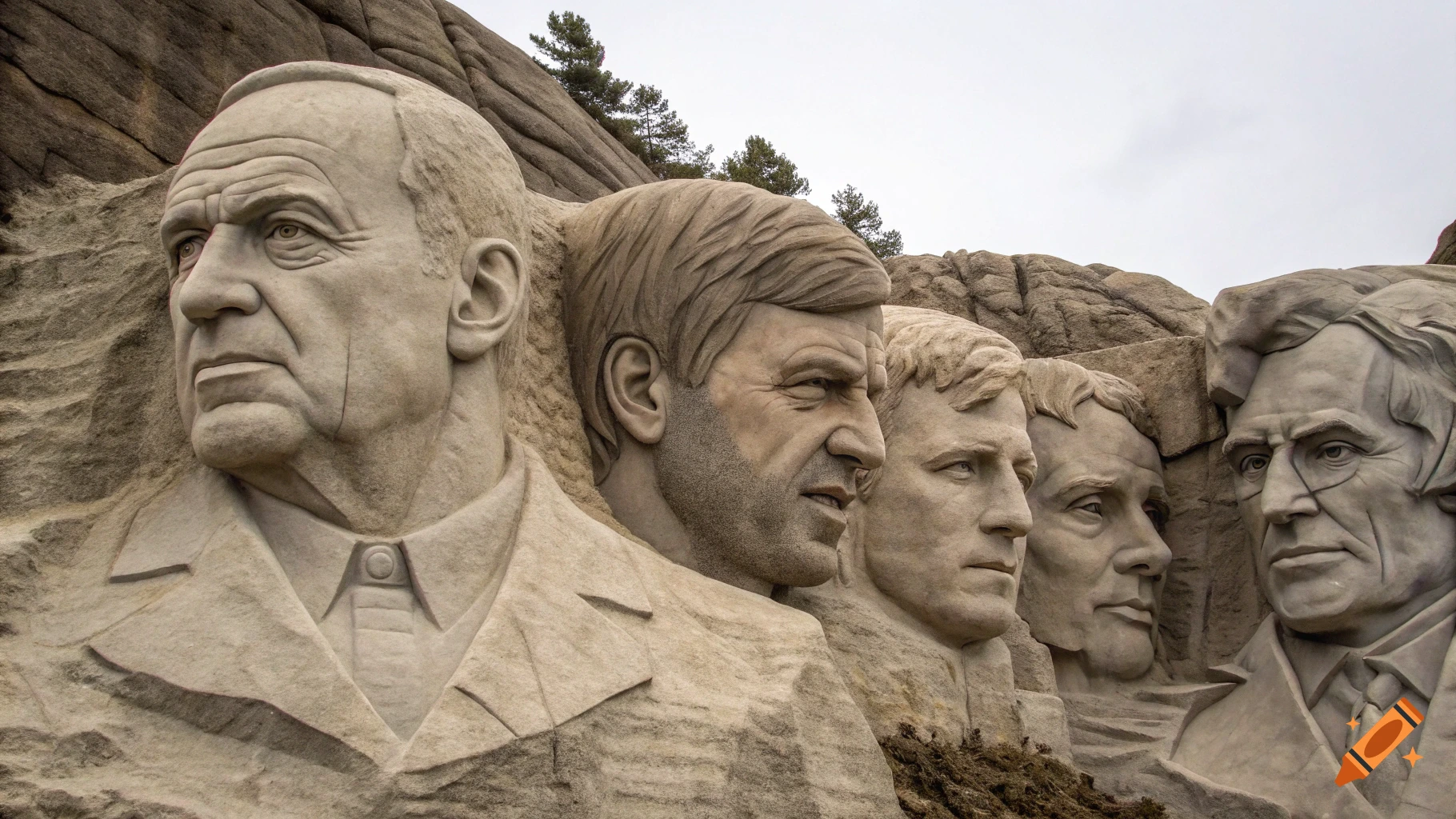 Several large stone faces carved into a mountain rockface