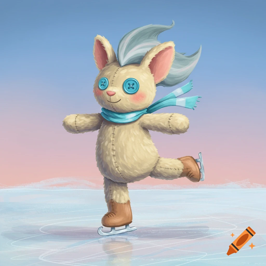A stuffed rabbit wearing a blue scarf and ice skates glides on an ice rink under a pastel sky.