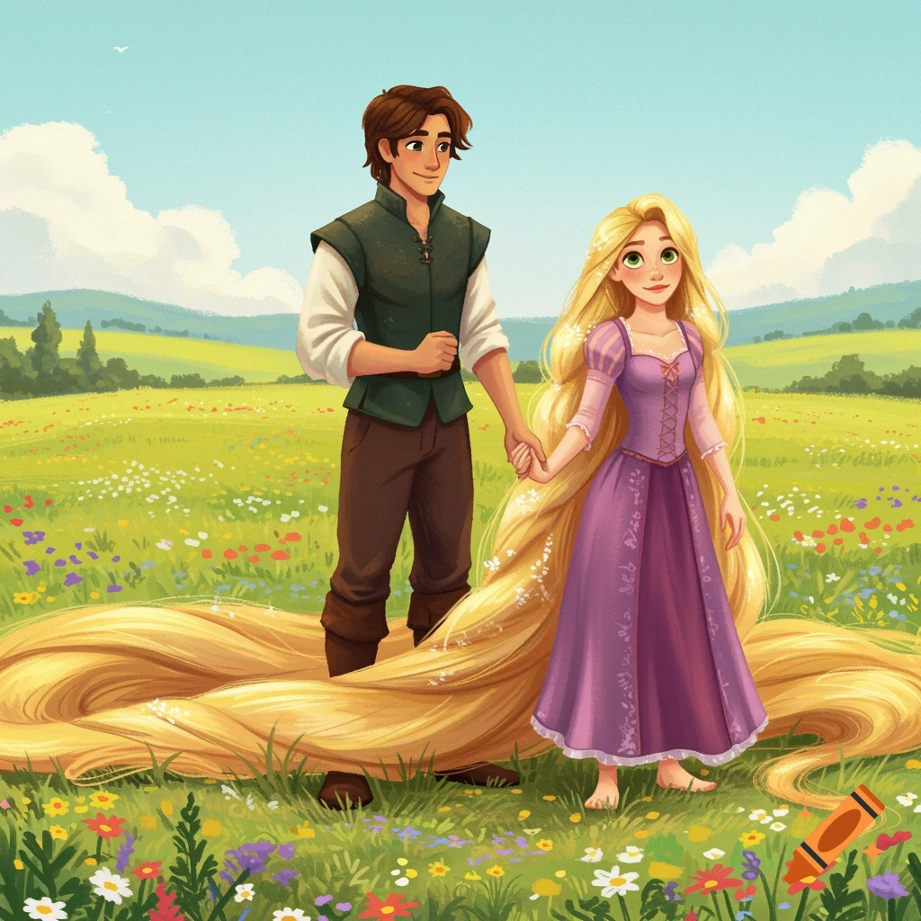 Cartoon illustration of Rapunzel and a prince standing in a field of flowers, holding hands.