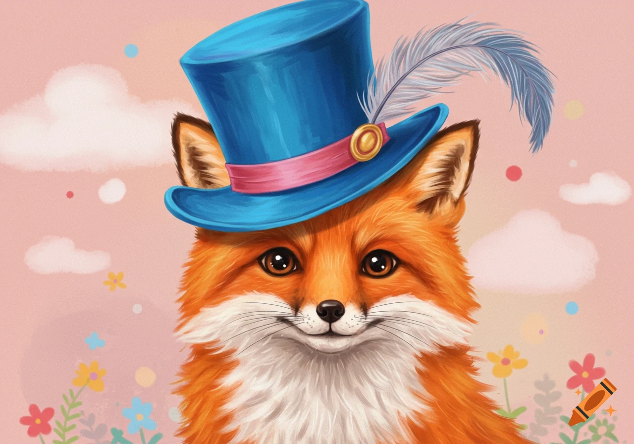 A cute fox wearing a blue top hat with a feather on a pink background with flowers.