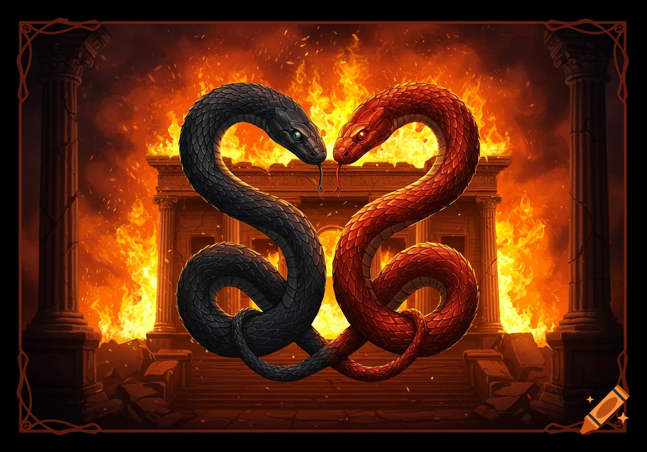 Two black and red snakes form a heart shape in front of a burning ancient building.