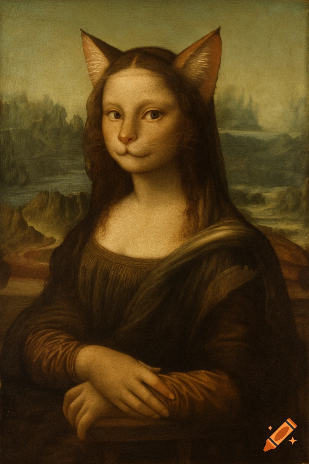 Painting of the Mona Lisa figure with cat ears and face