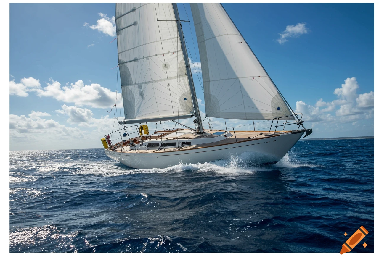 A white sailboat is shown heeling on the ocean under a blue sky with clouds.