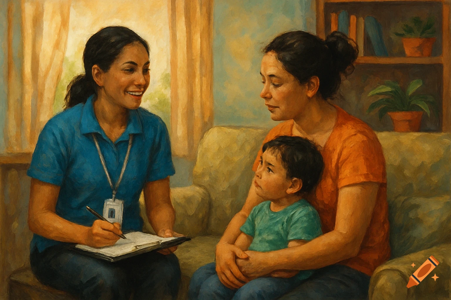 A caseworker speaks with a mother and child on a couch, taking notes. Painted in a warm, textured style.