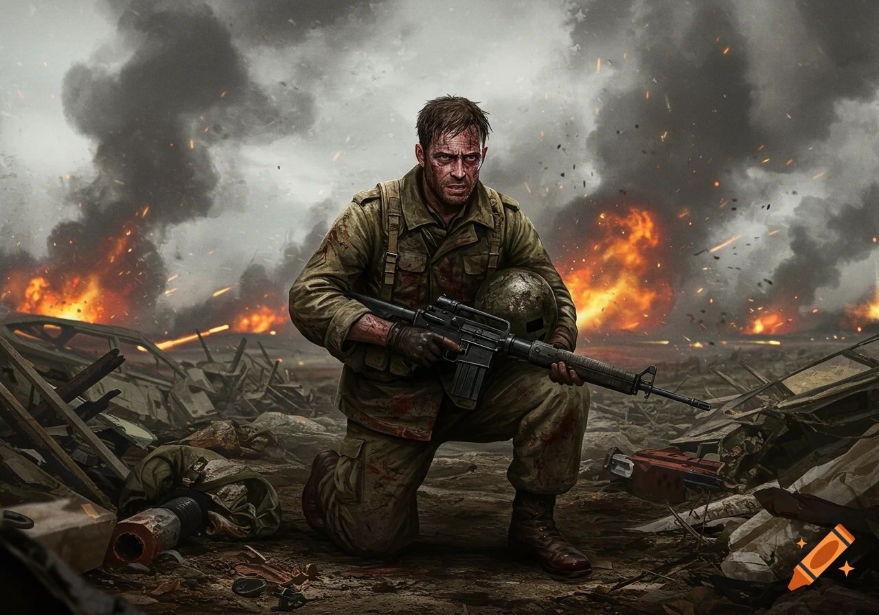 A soldier covered in dirt and blood kneels in a smoky battlefield, holding a rifle and helmet. Fires burn in the background.