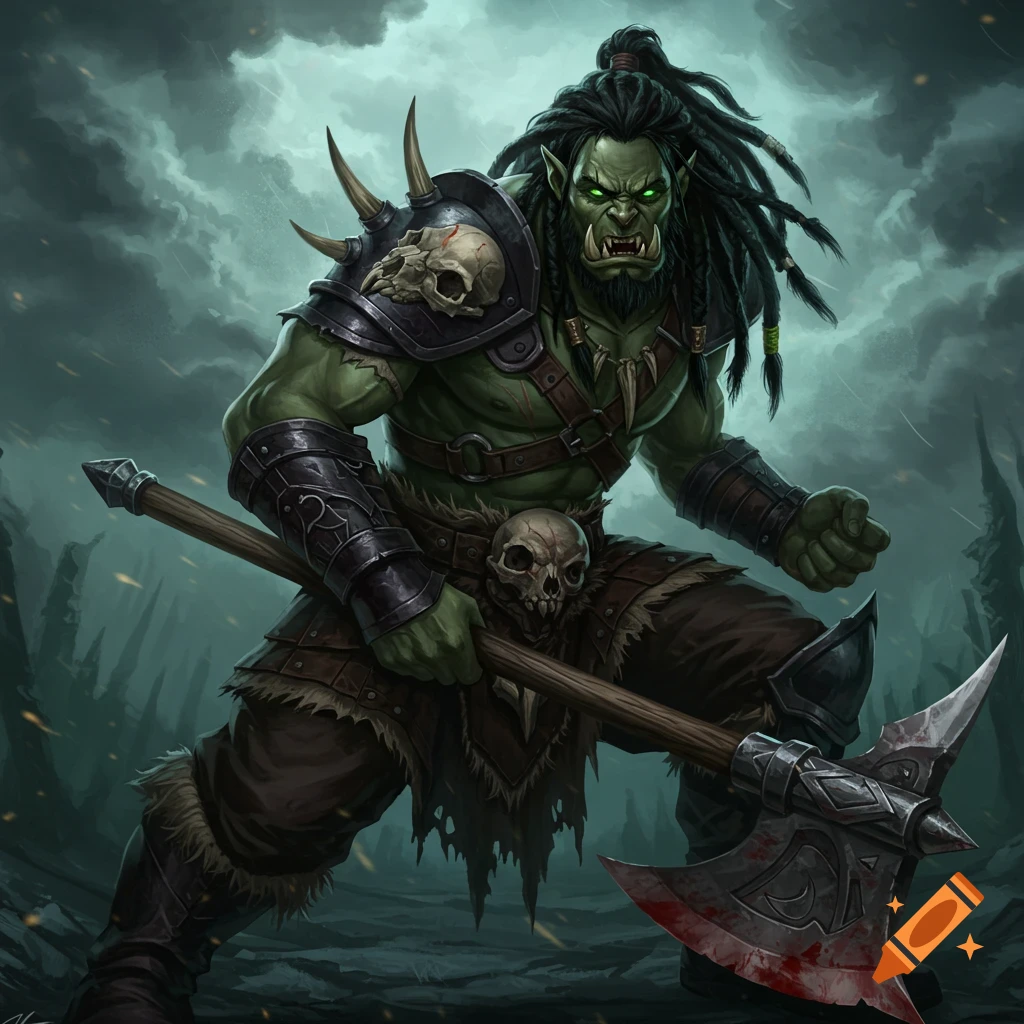A dark green orc warrior with bright green eyes, black dreadlocks, and detailed armor holds a bloody axe in a stormy landscape.