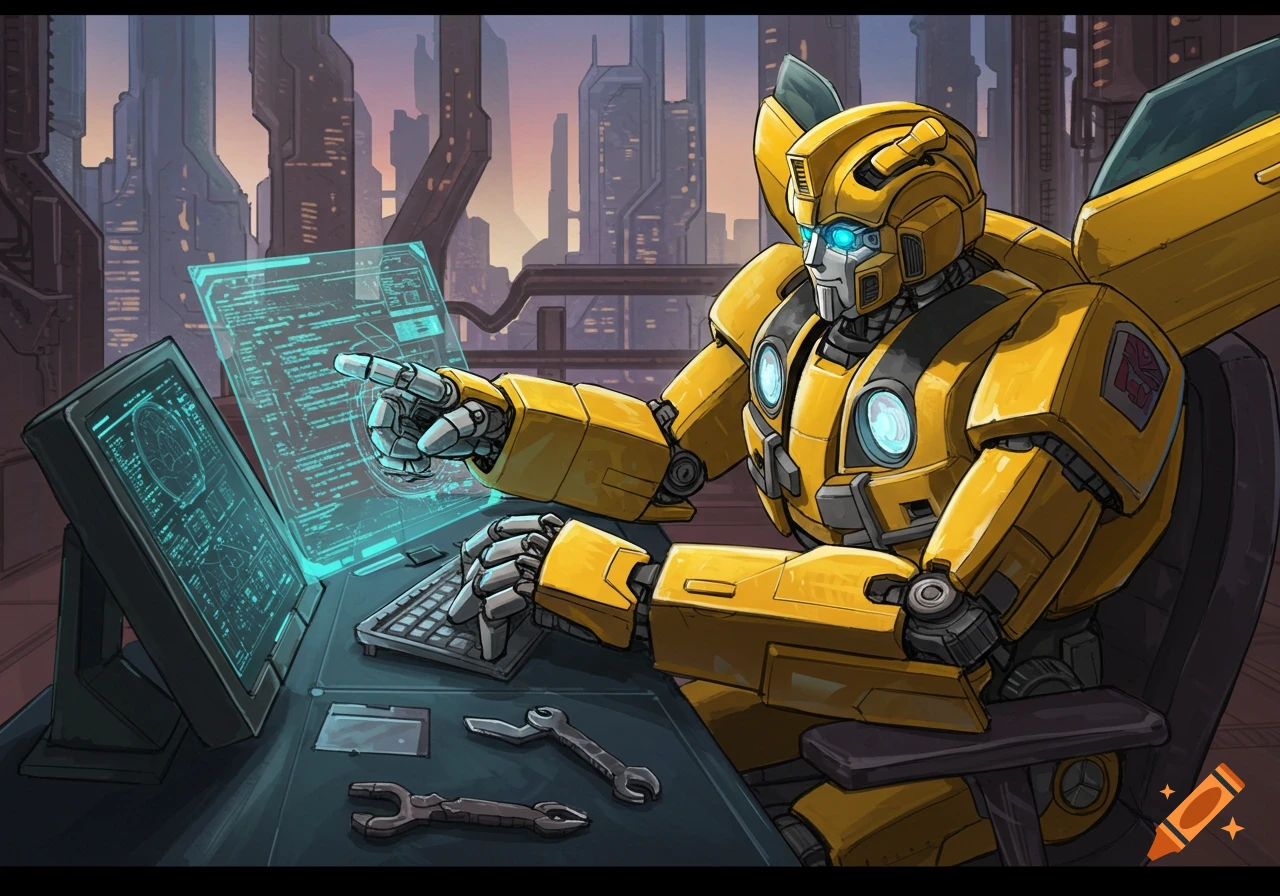 Bumblebee the Transformer robot sits at a computer, pointing at a screen showing code in a sci-fi city.