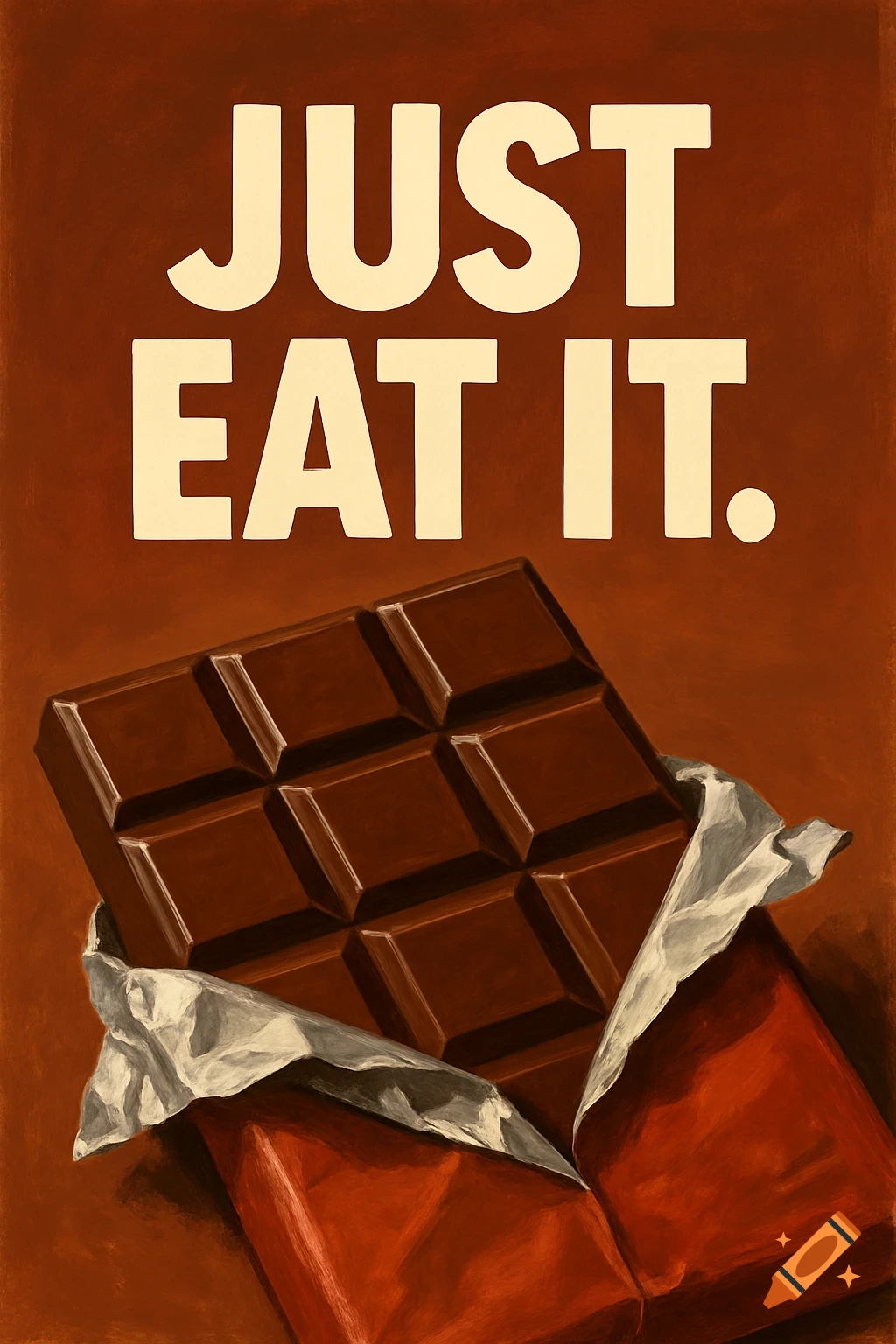 Painterly poster with a chocolate bar and the text "JUST EAT IT."