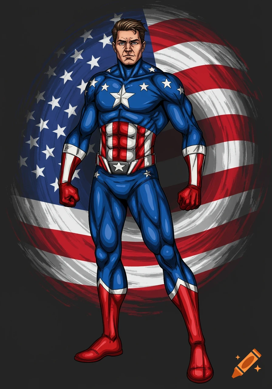Comic art drawing of a patriotic superhero in a stars and stripes costume against an American flag background.