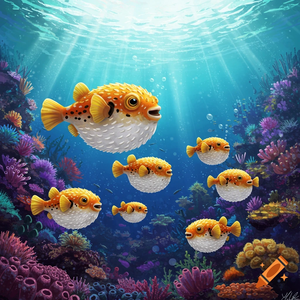 Cartoon pufferfish swim in a vibrant coral reef with sun rays