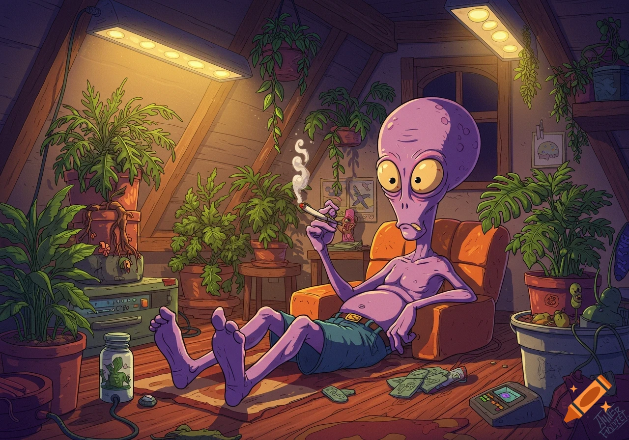 Cartoon alien smoking in an attic full of plants under lights.