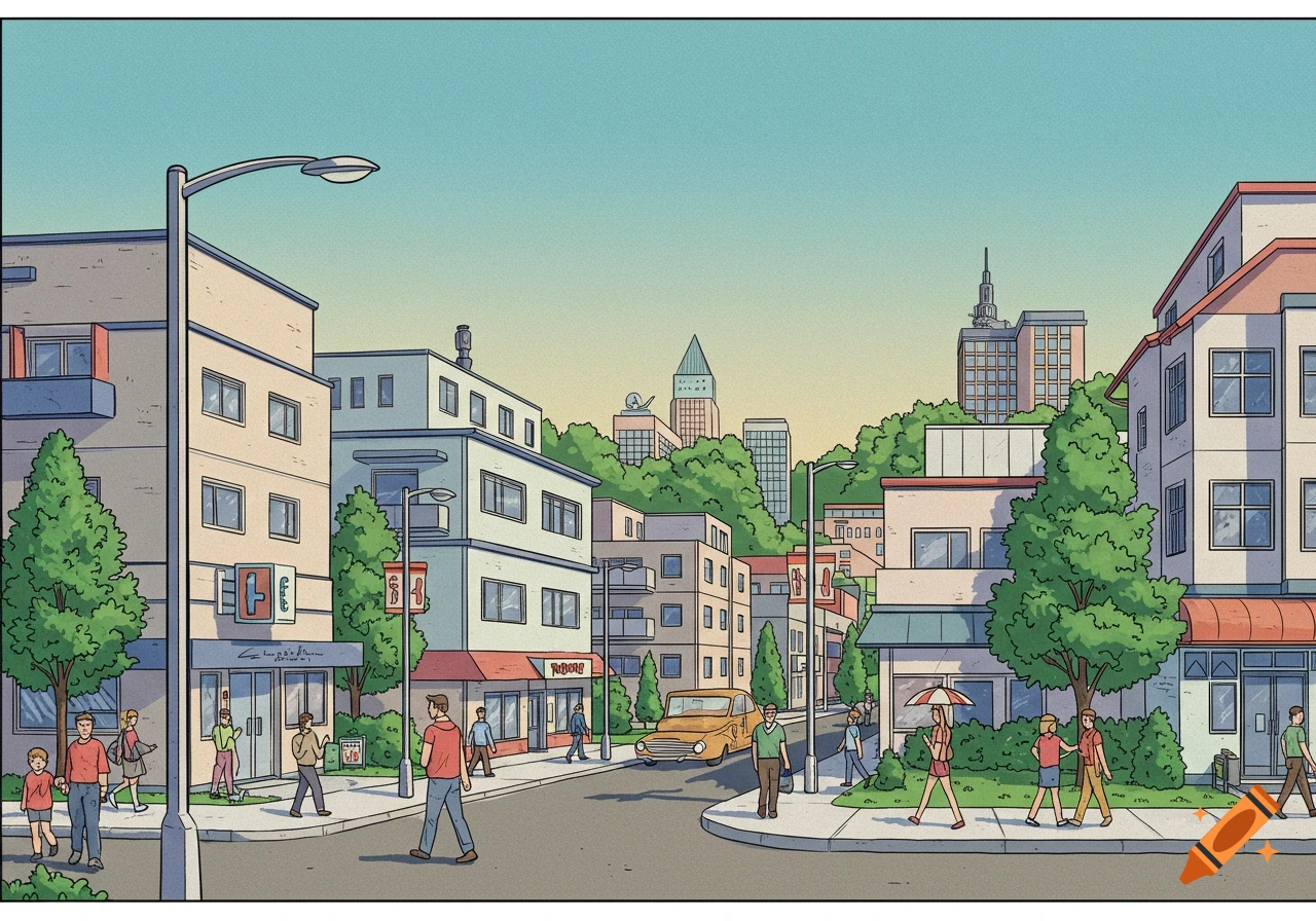 A pop art illustration of a lively neighborhood street scene with people walking, buildings, trees, and a yellow car.