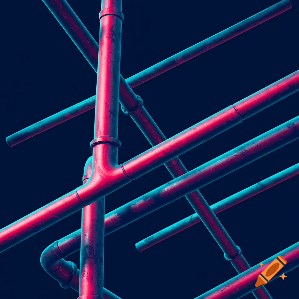 Abstract view of red and cyan lit pipes on a dark background.