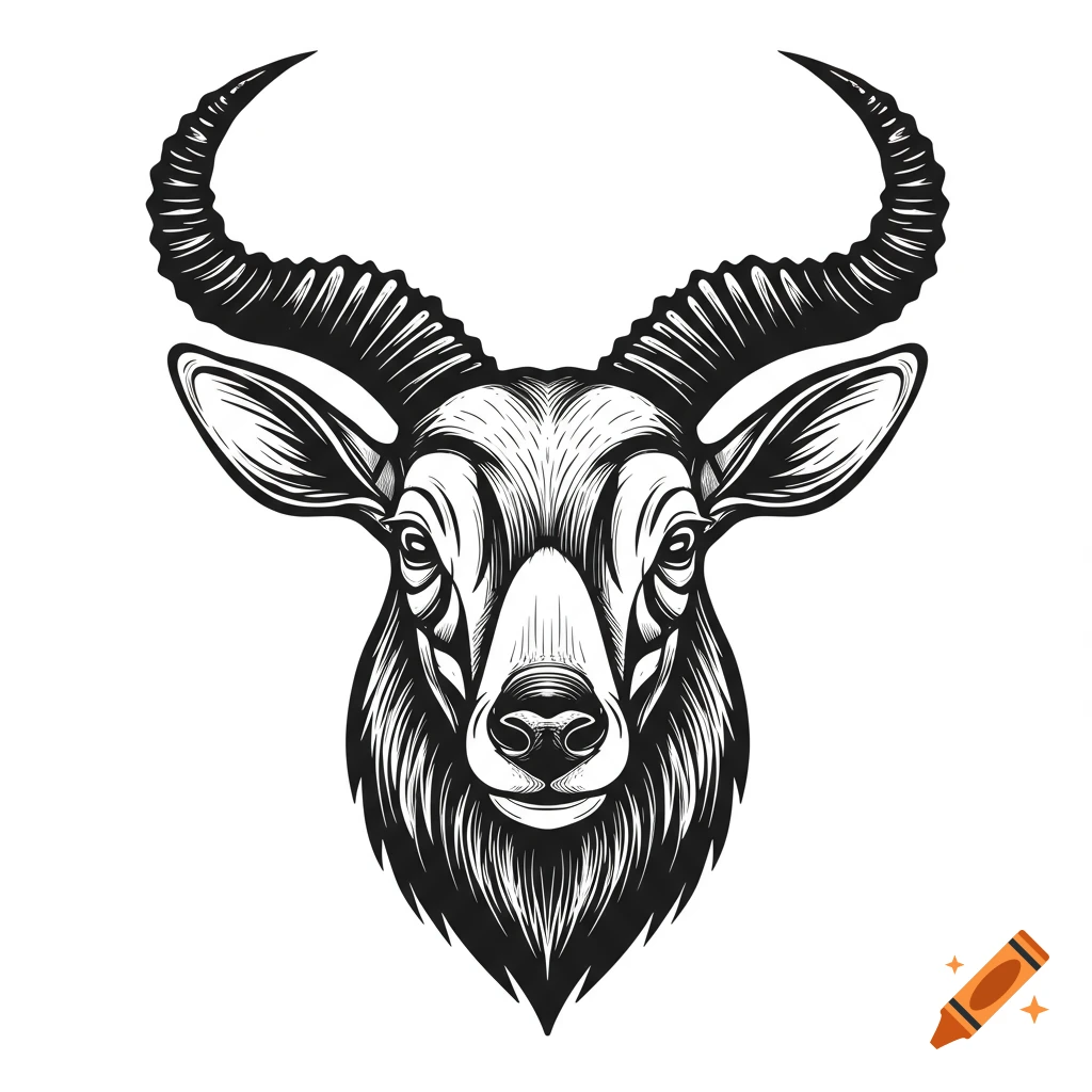 Black and white linocut illustration of a Bharal's head.