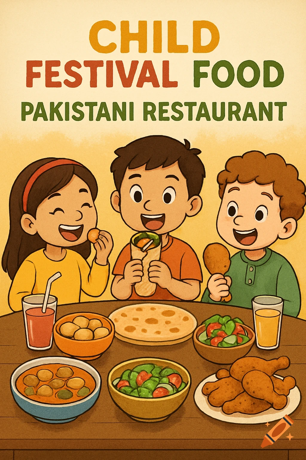 Cartoon illustration of children eating Pakistani food at a restaurant.