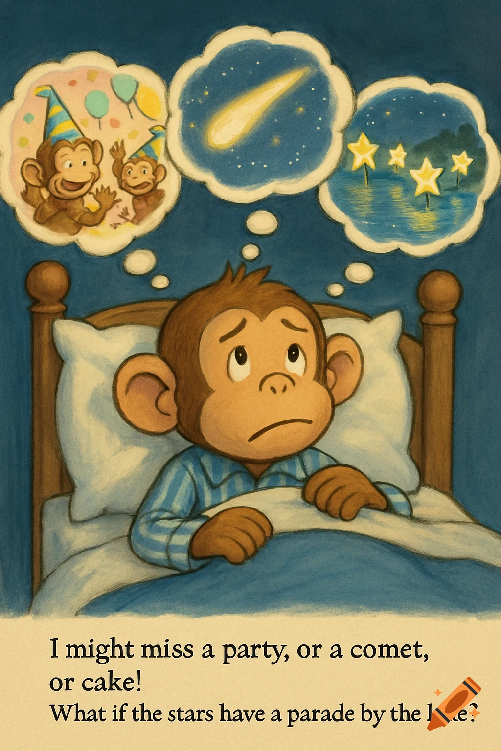 A cartoon monkey lies in bed, looking sad, with thought bubbles above his head showing a party, a comet, and stars over a lake. Text below reads about missing a party, comet, or cake, and stars having a parade.