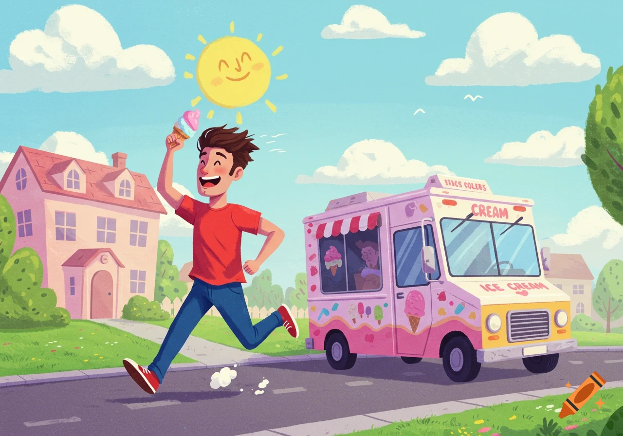 A cartoon illustration of a happy boy running after a pink ice cream truck on a sunny day.