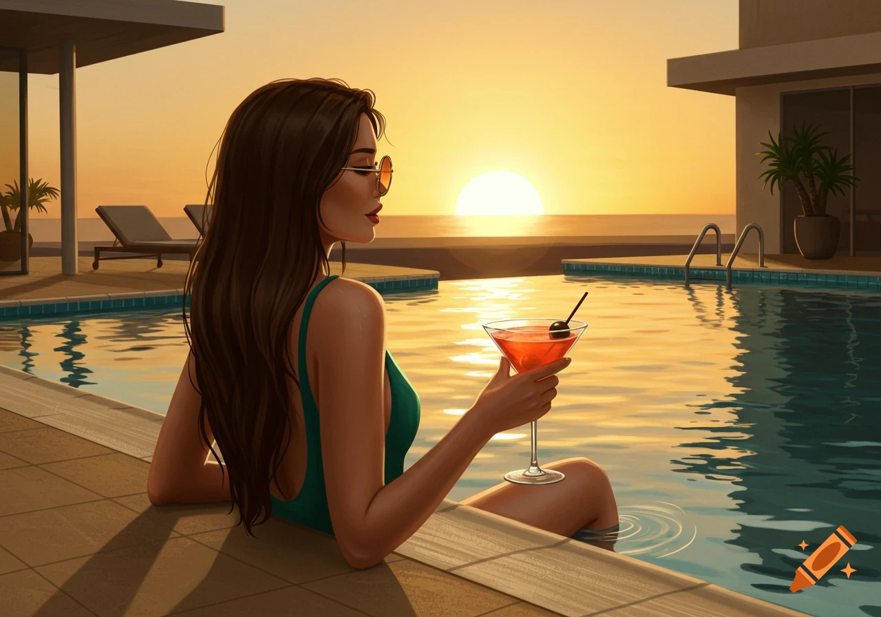 Digital illustration of a woman in a green swimsuit holding a martini by a pool at sunset.