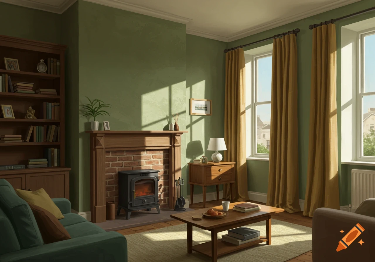 A cozy living room with sage green walls, a fireplace, bookshelf, sofa, and sunlit windows with yellow curtains.