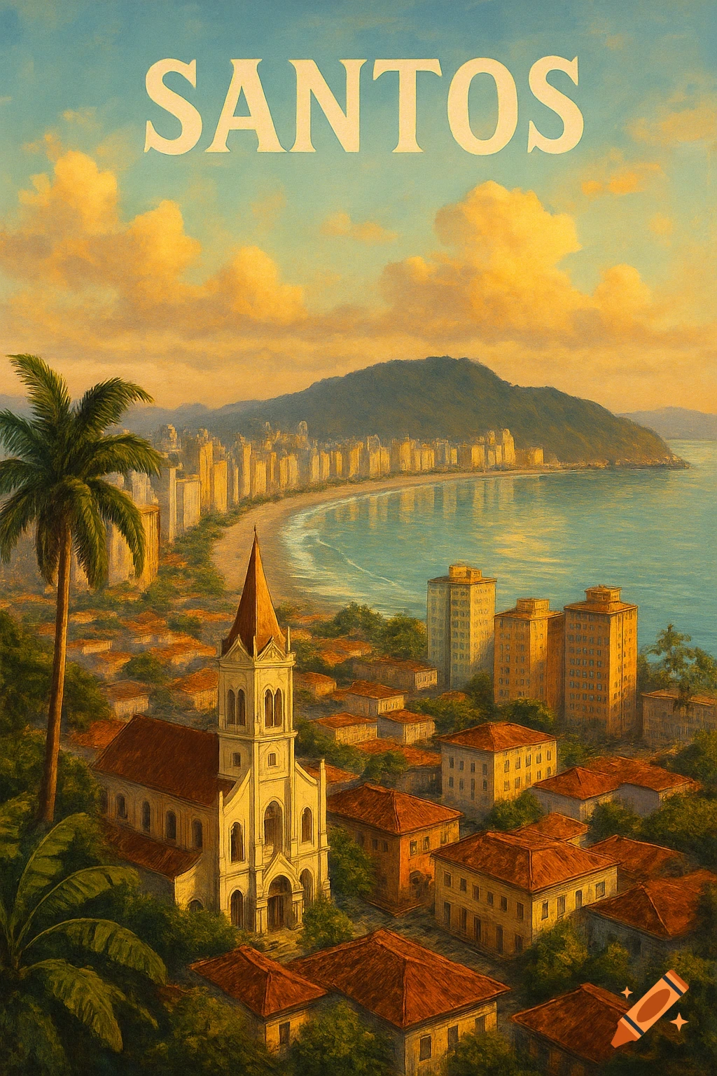 Aerial view of Santos, Brazil, with a church, beach, buildings, and palm tree, in a painterly style with text 'SANTOS'.