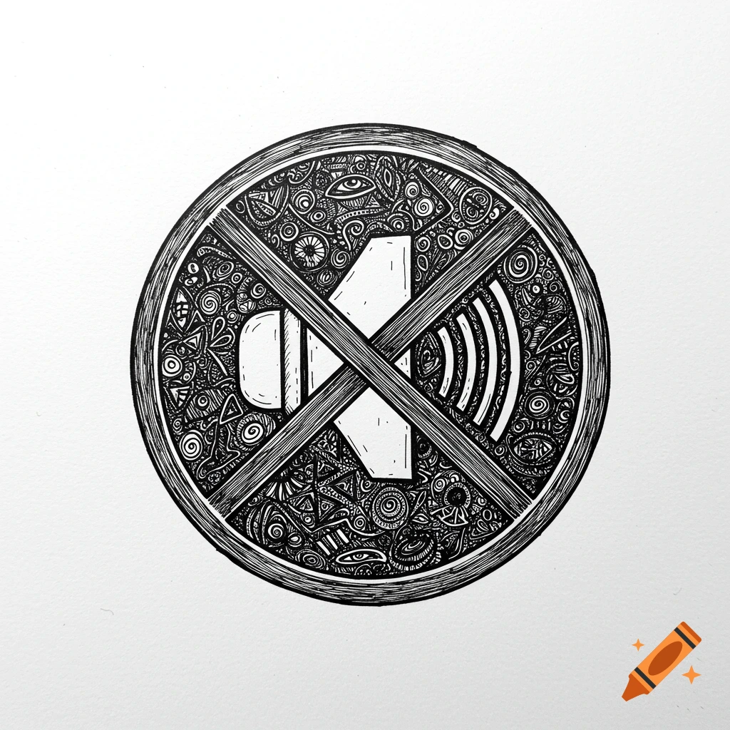 Black and white illustration of a crossed-out speaker icon within a circle filled with intricate patterns.