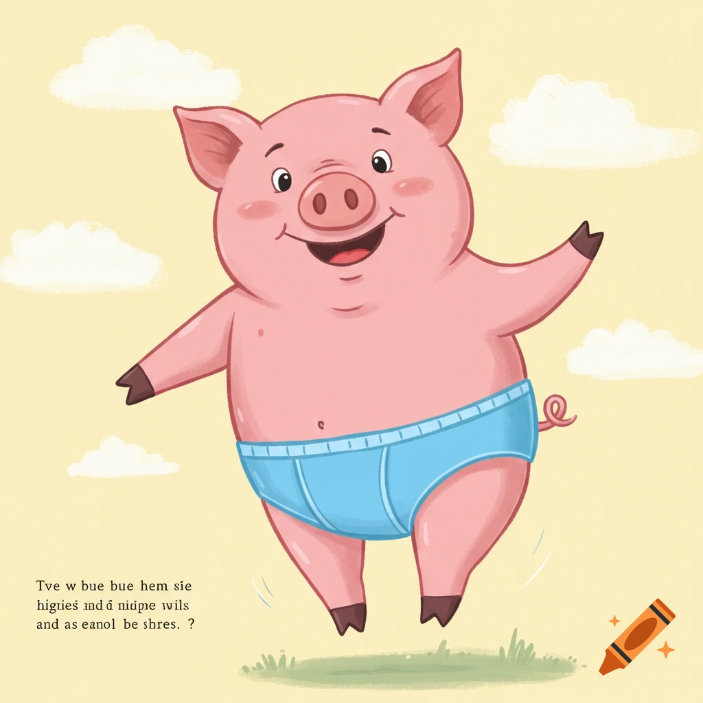 A cartoon pig in blue briefs jumps happily in the air like a kids book illustration.