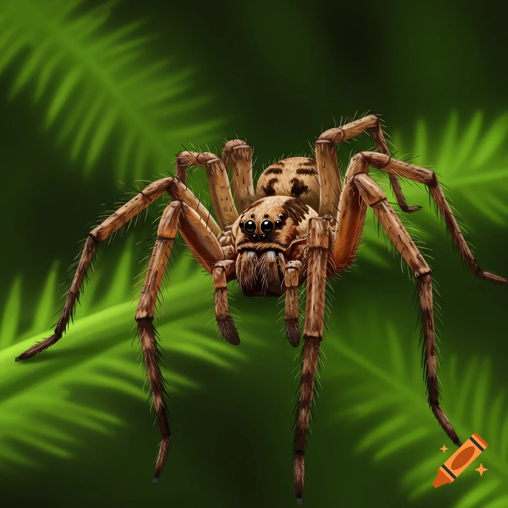 Detailed illustration of a wolf spider on a green leafy background.