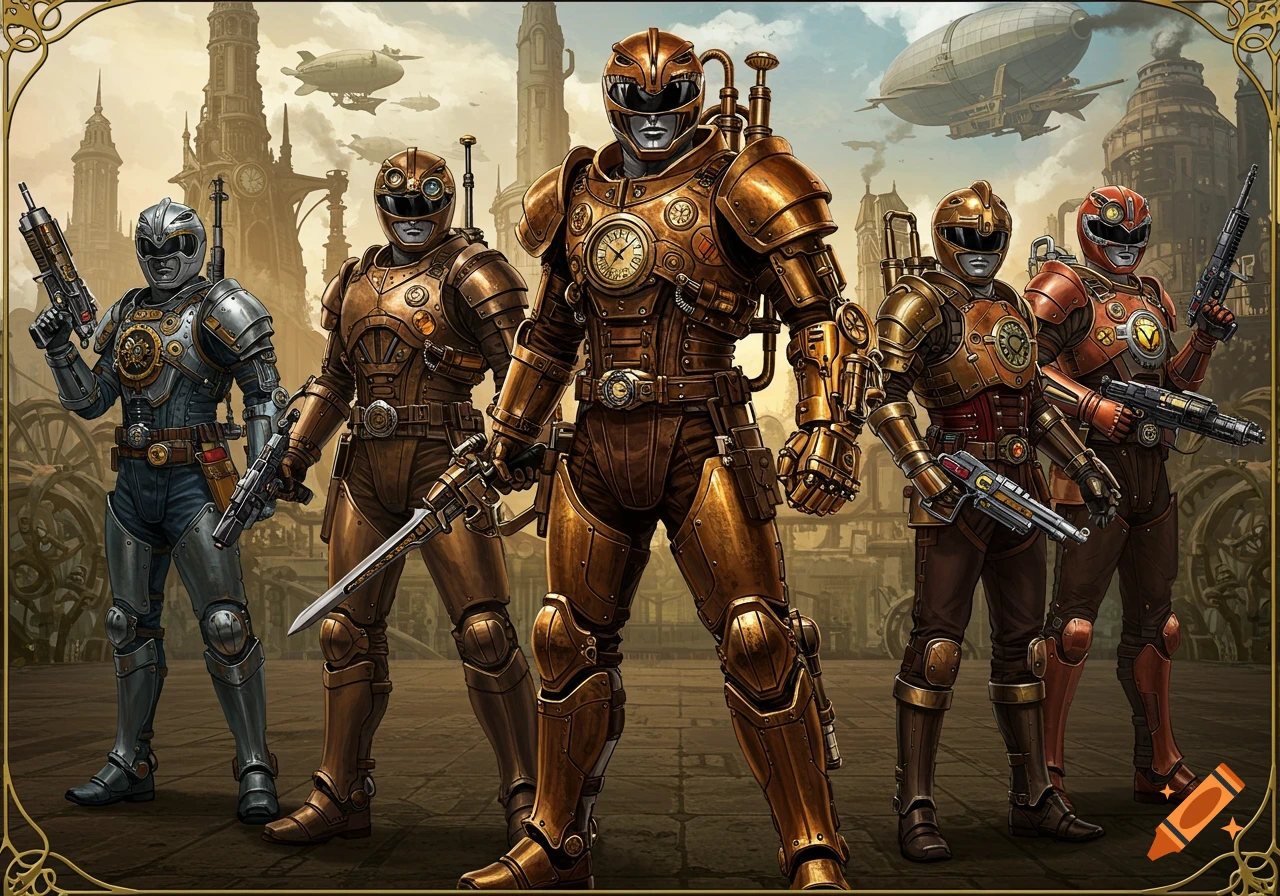 Five figures in detailed steampunk armor, holding weapons, stand in a city square with buildings and airships.