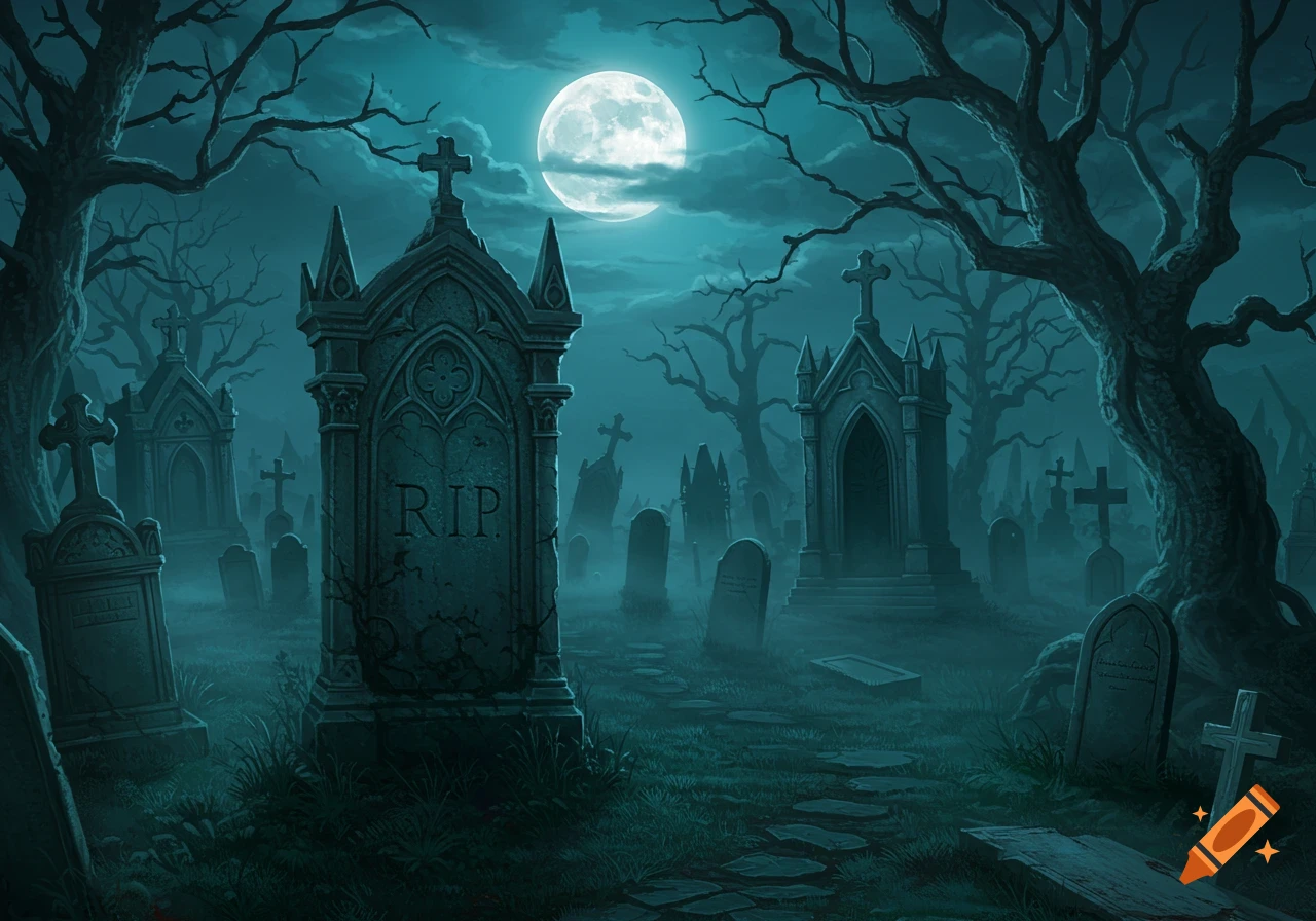 A haunted cemetery at night under a full moon, with tall gravestones and bare trees.
