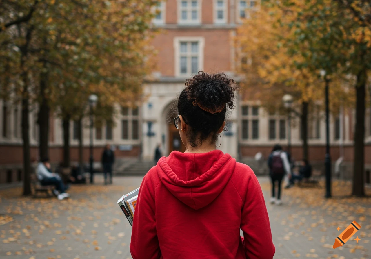 Young woman in red hoodie holding books walks through a university courtyard in autumn, photorealistic style.