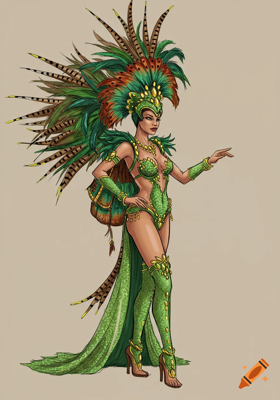 Sketch of a woman in a green Brazilian samba costume with feathers