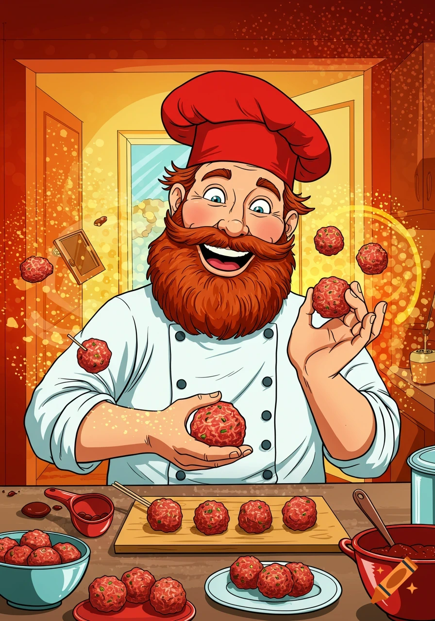 Cartoon illustration of a smiling chef in a red hat holding meatballs