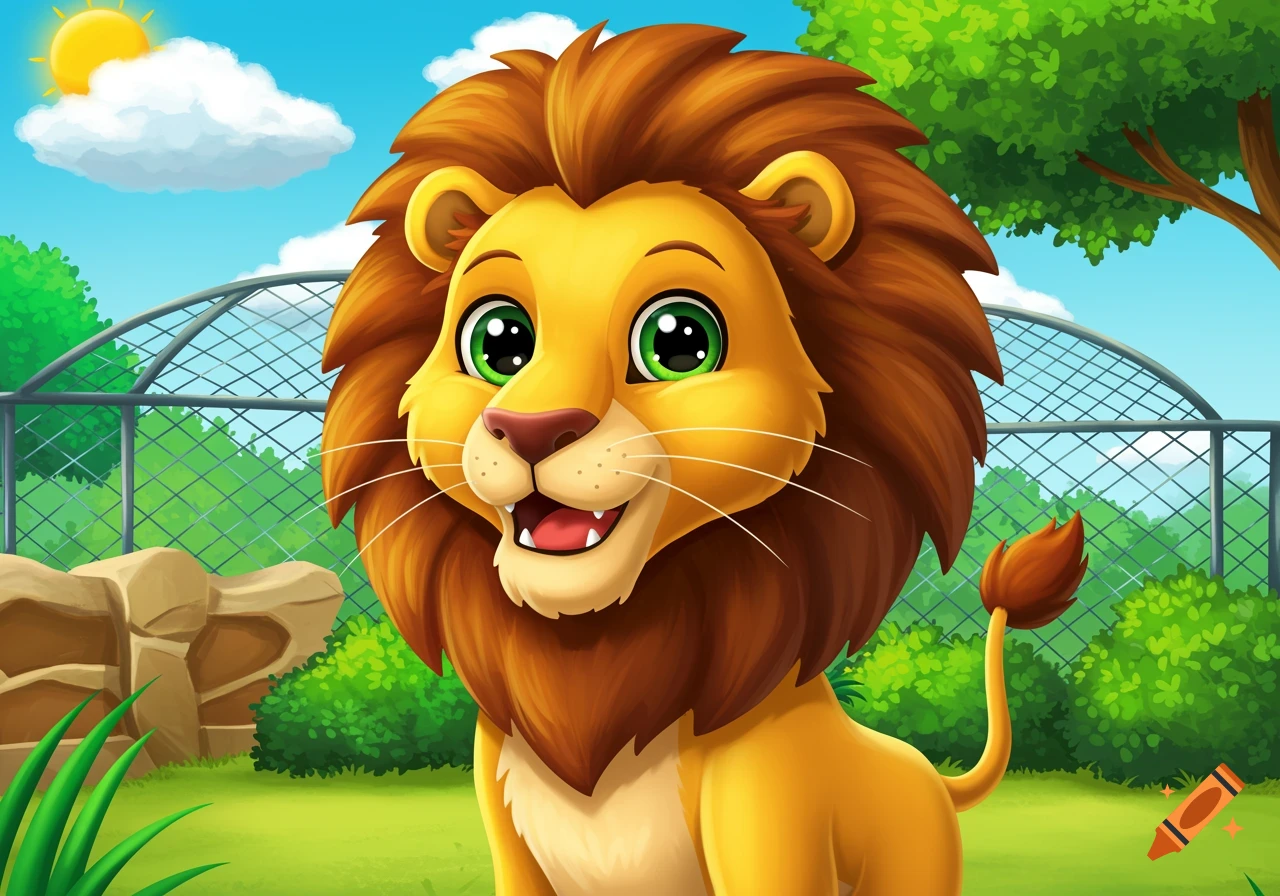 Cute cartoon lion in a zoo enclosure.
