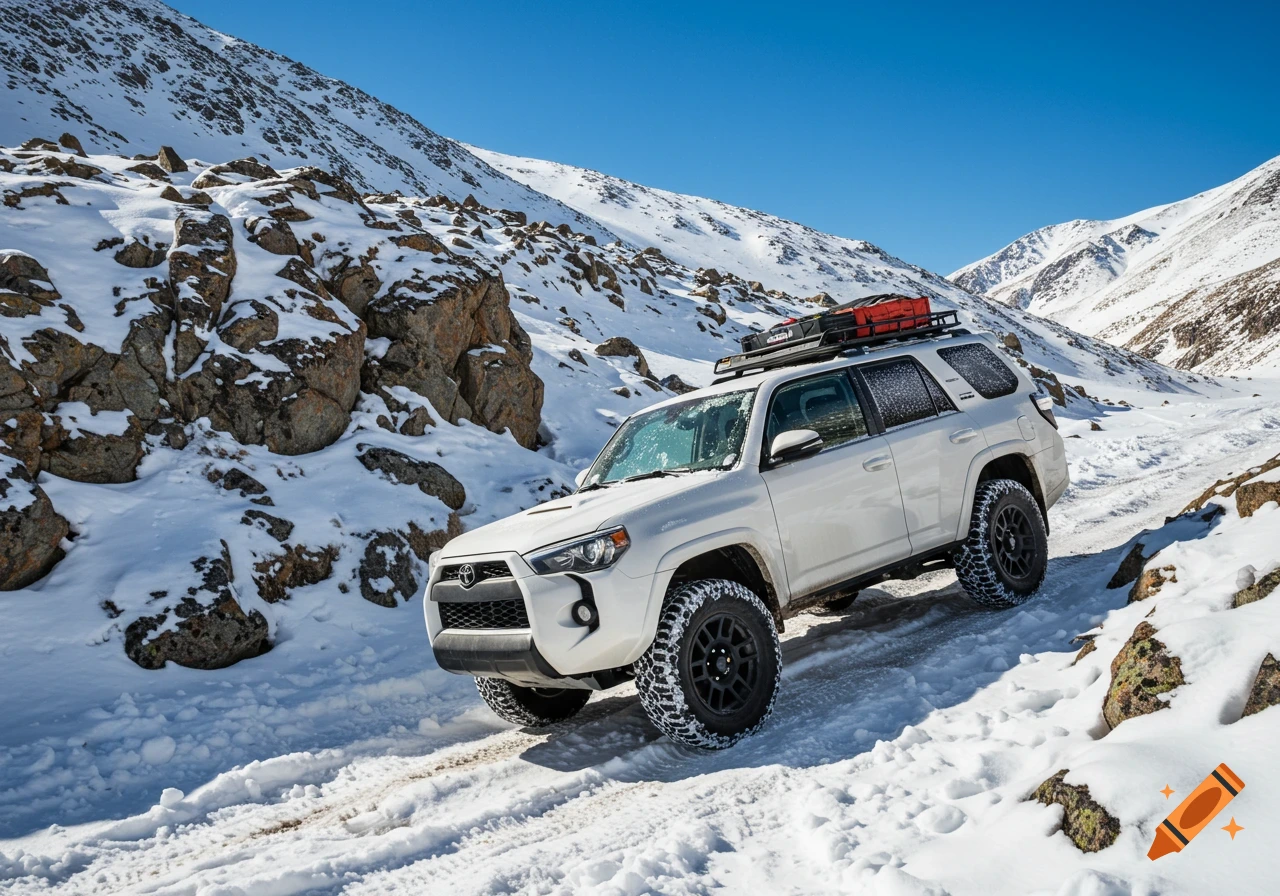 White Toyota 4Runner drives on a snowy mountain road