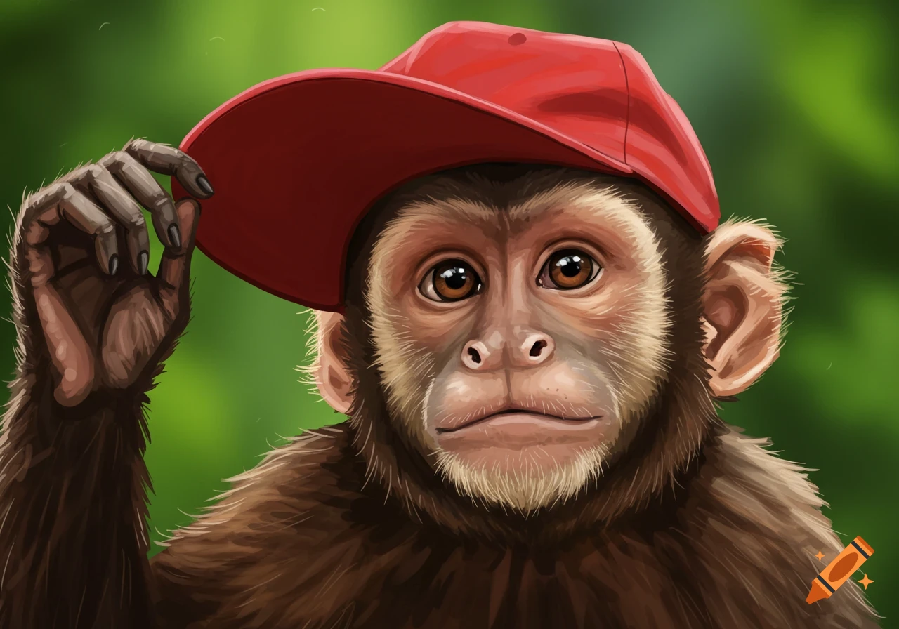 A capuchin monkey wearing a red baseball cap pulls the brim. Digital painting style.