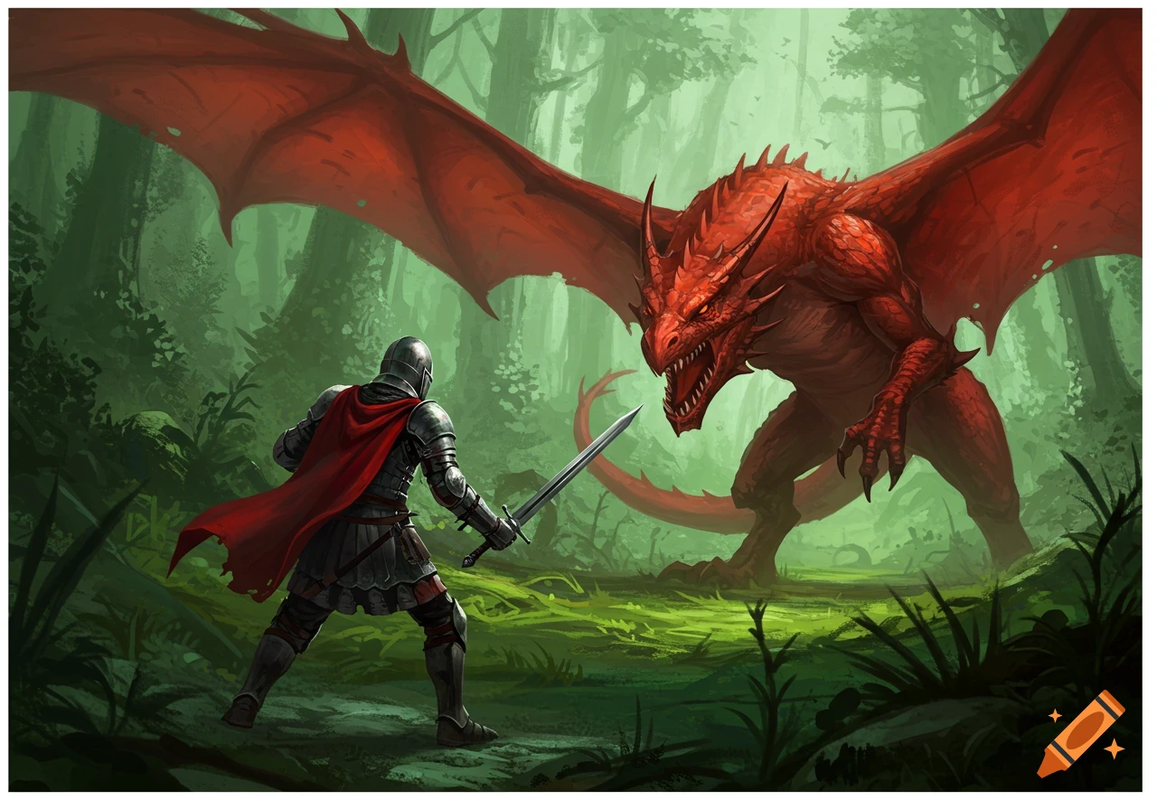 A medieval knight faces off against a red dragon in a forest.