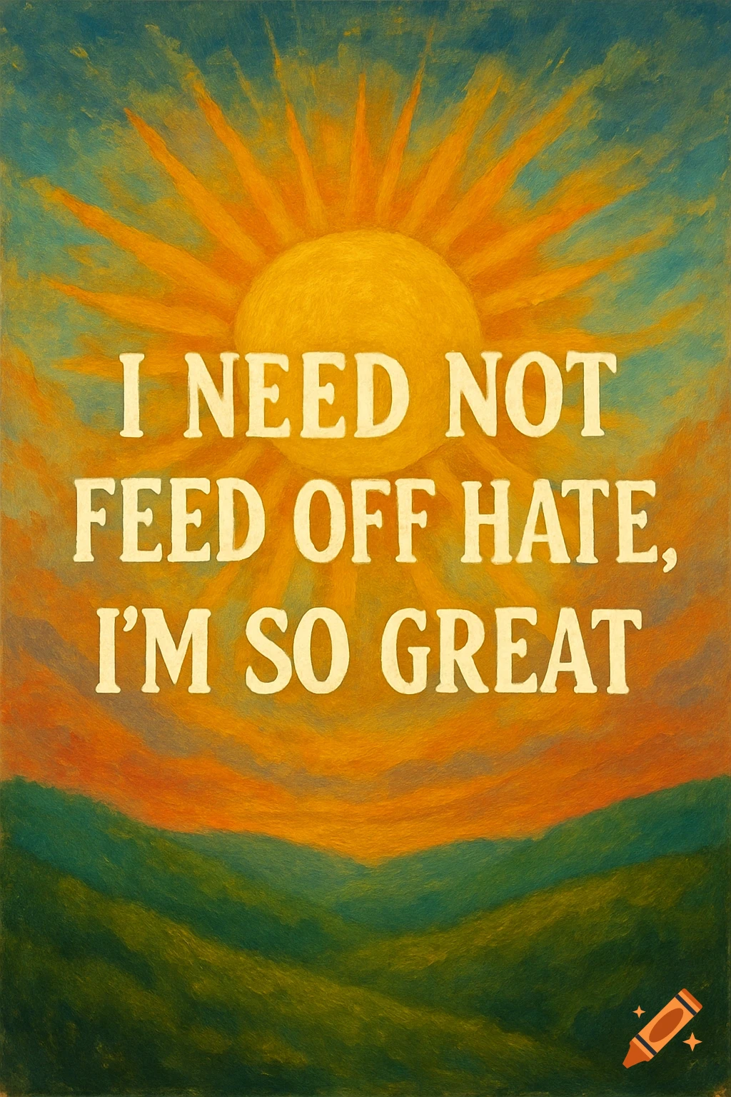 Inspirational quote over a stylized sun rising over hills in a painterly style.