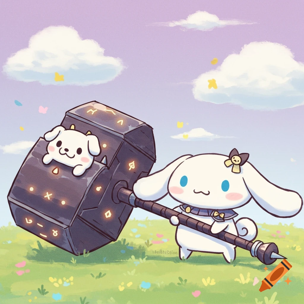Cinnamoroll holds a large hammer in a grassy field under a cloudy sky in a cute cartoon style.