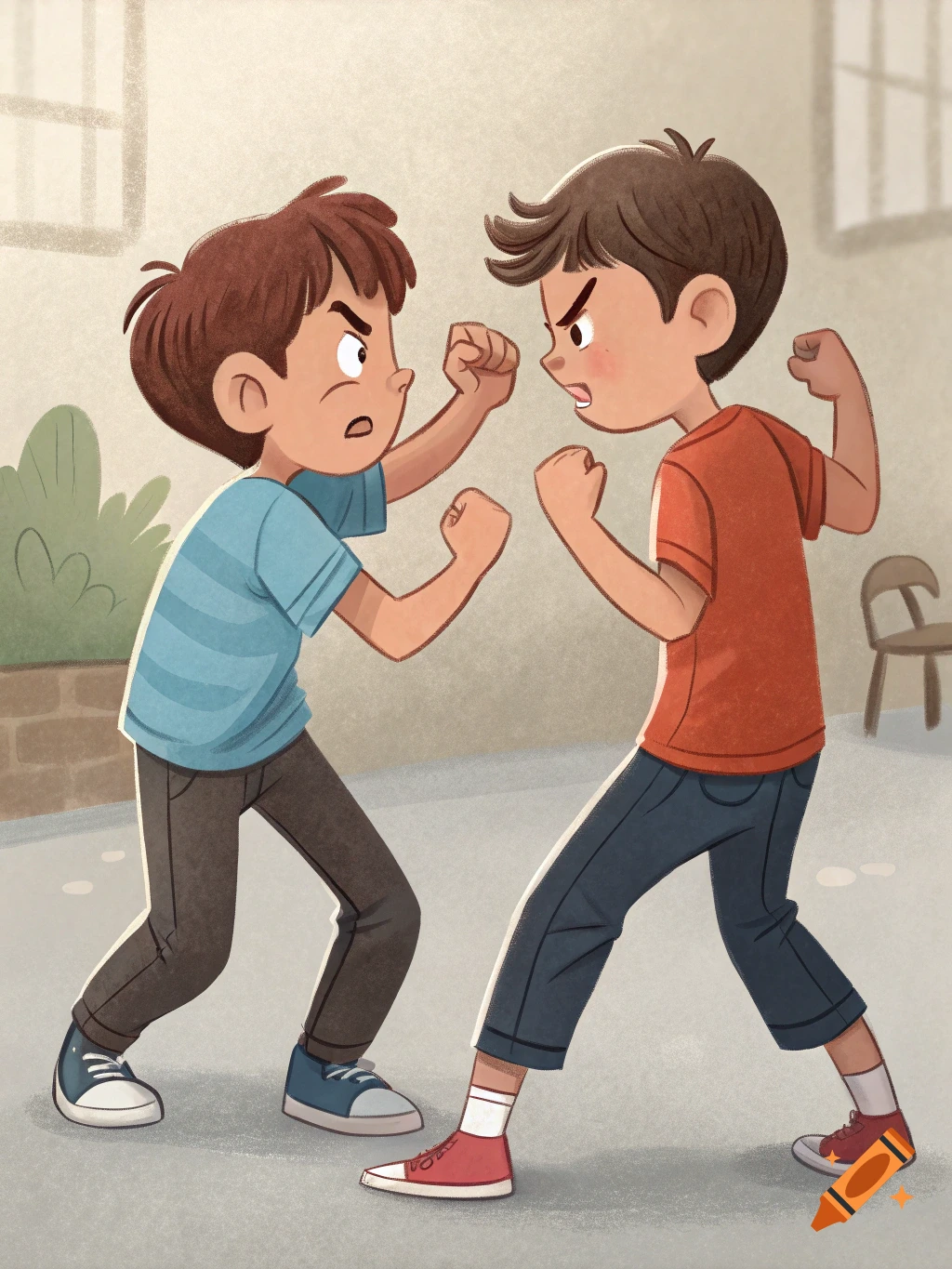 Two cartoon boys face each other in a fighting stance.