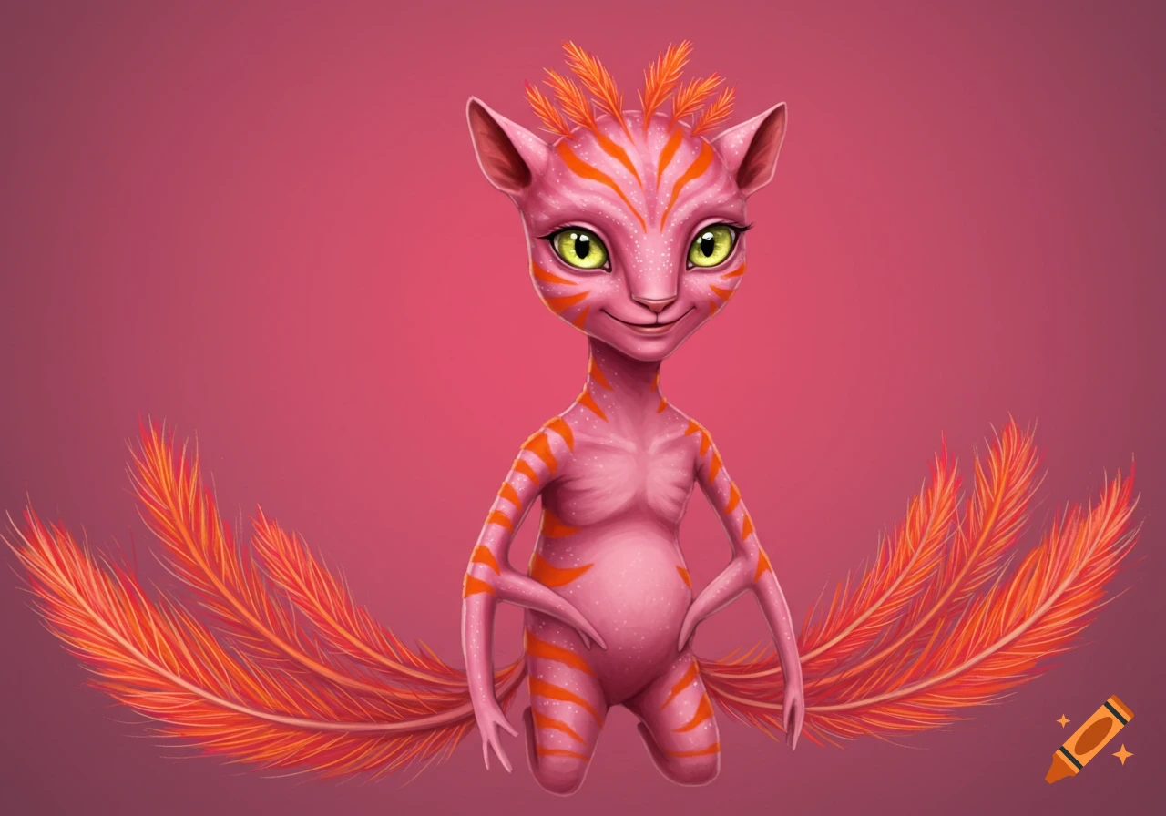 Pink alien creature with orange stripes and large feather tails