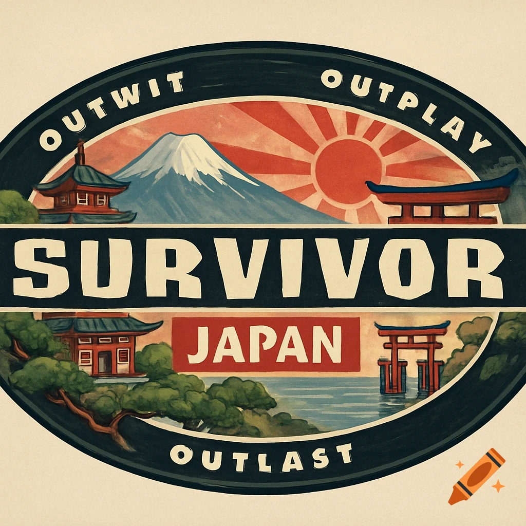 Vintage style logo for Survivor Japan with Mount Fuji, temple, and torii gate.