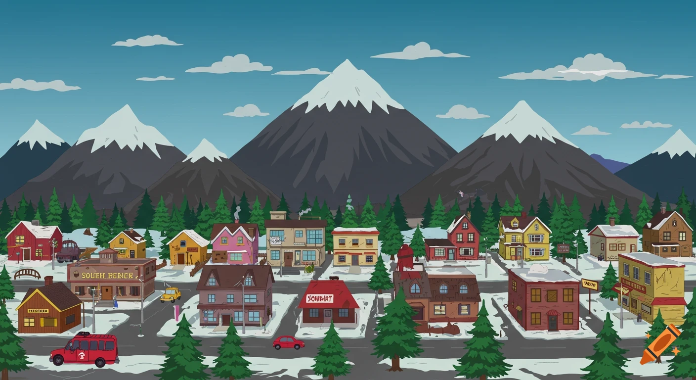 A wide view of a snowy cartoon town nestled in a valley with mountains in the background, in the style of South Park.