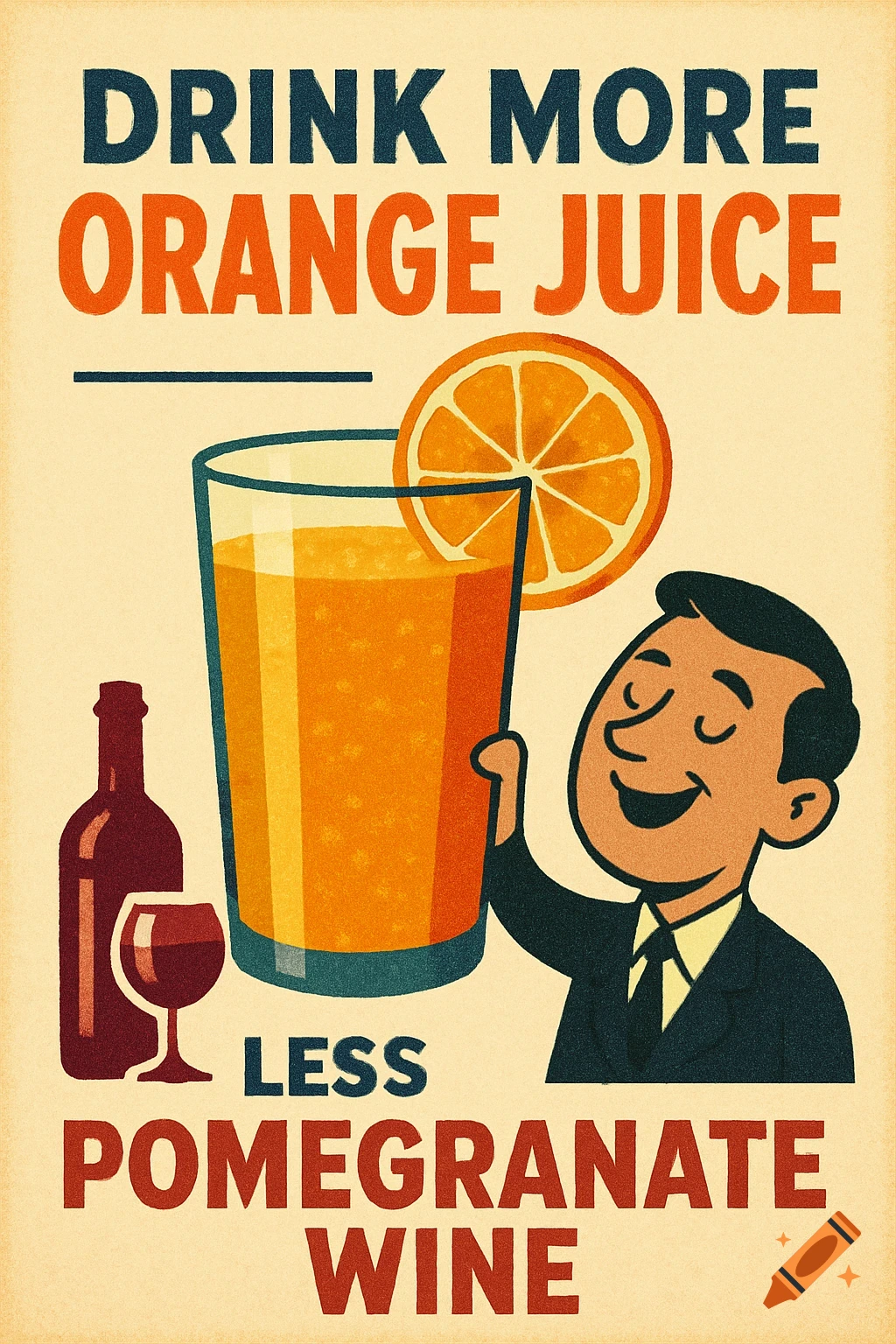 Vintage-style poster ad for orange juice saying 'Drink more orange juice less pomegranate wine' with a cartoon man and drinks.