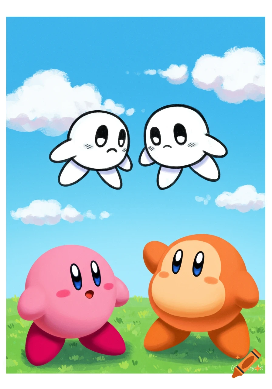 Kirby, Waddle Dee, and two white floating characters stand in a grassy field under a blue sky.