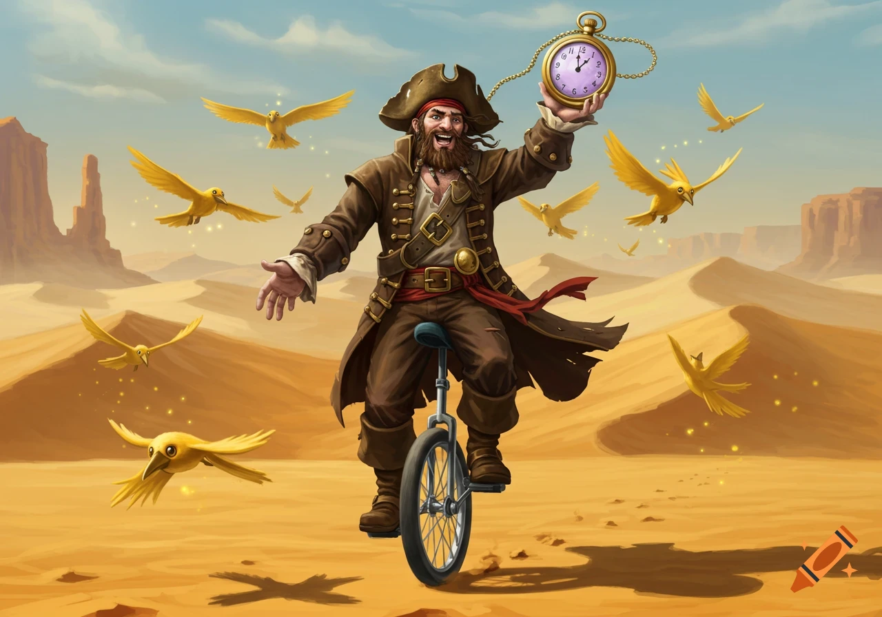 Illustration of a pirate riding a unicycle in a desert, holding a pocket watch and surrounded by gold birds.