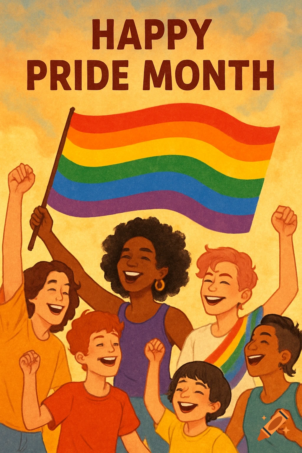 Illustration of diverse people cheering and holding a rainbow flag for Pride Month.