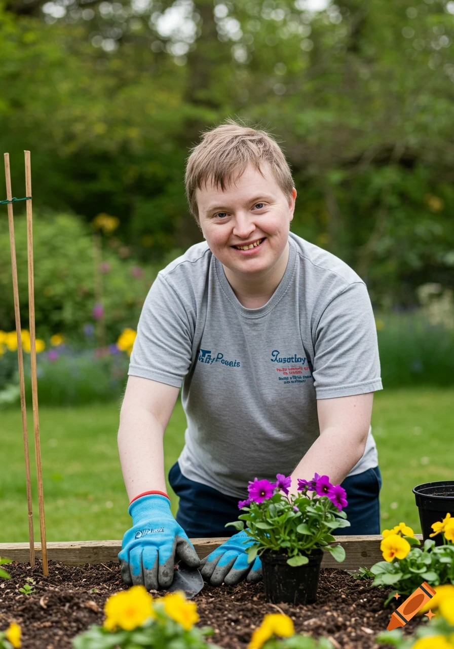 Person with a learning disability gardening, planting purple flowers and smiling, wearing blue gloves in a sunny outdoor setting.